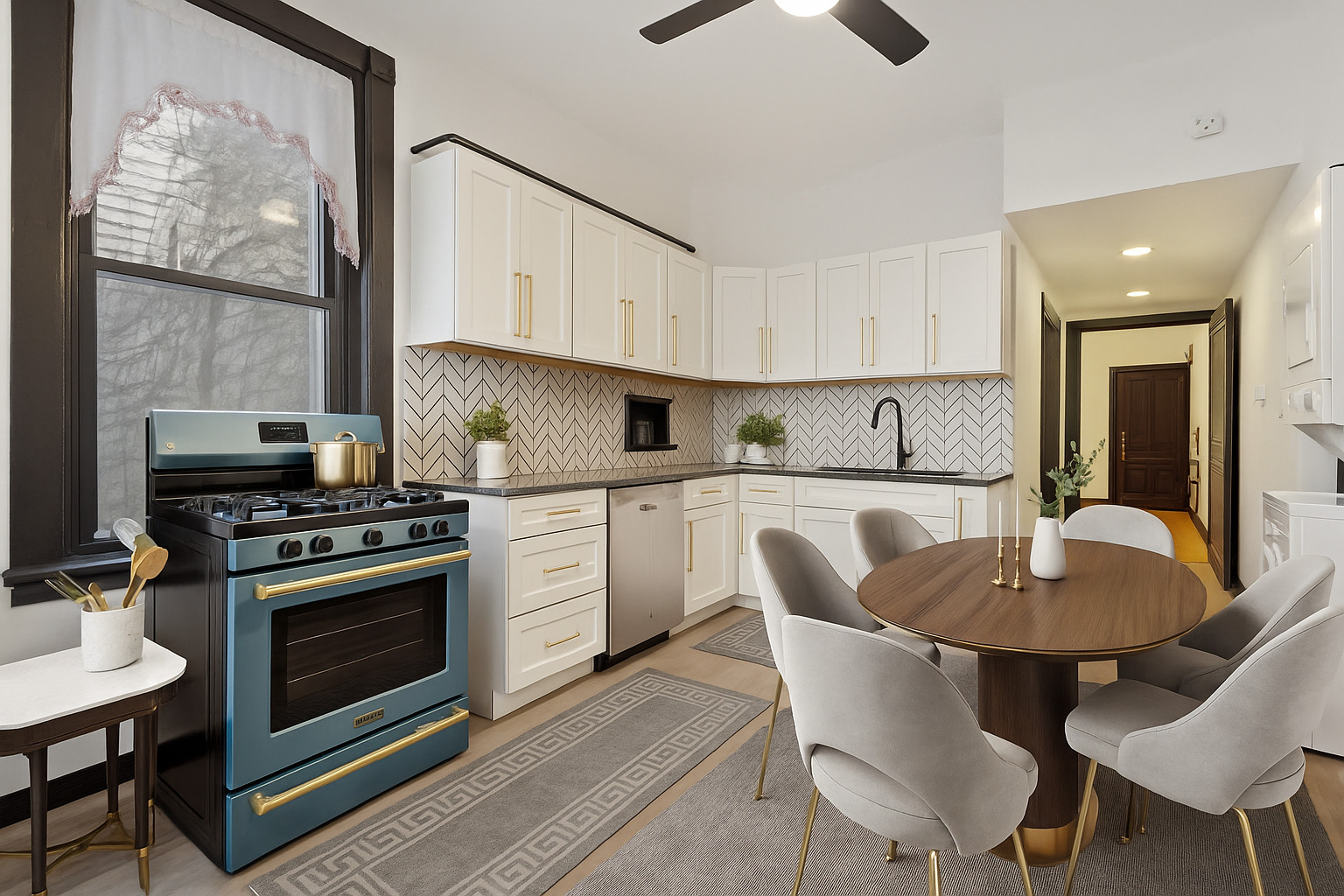 949 North Damen Avenue Chicago, IL 60622 - Photo 8 of 28 a kitchen with stainless steel appliances a stove a table and chairs