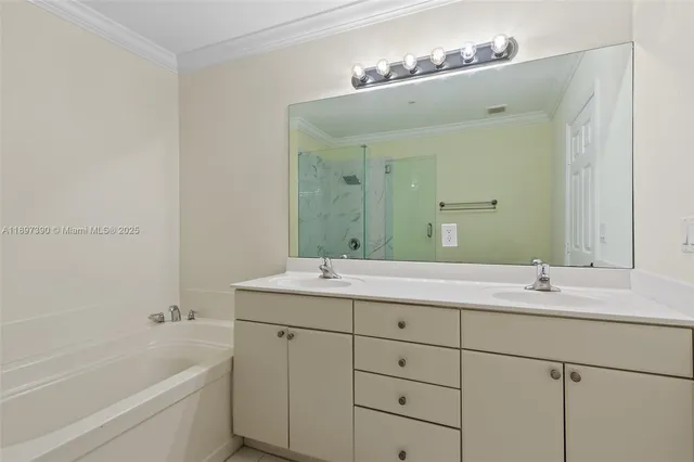 a bathroom with a double vanity sink mirror double and bathtub
