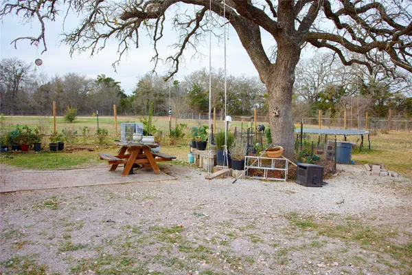 a view of a park with large trees and sitting area