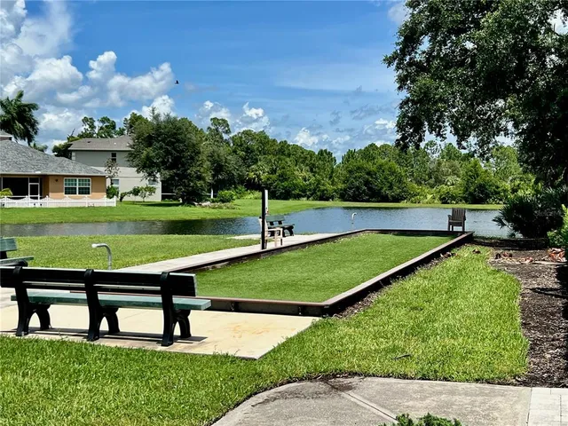 a view of a park with a slide