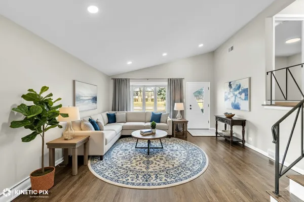 a living room with furniture and a potted plant