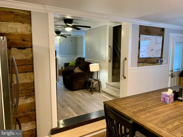 a view of a dining room with furniture