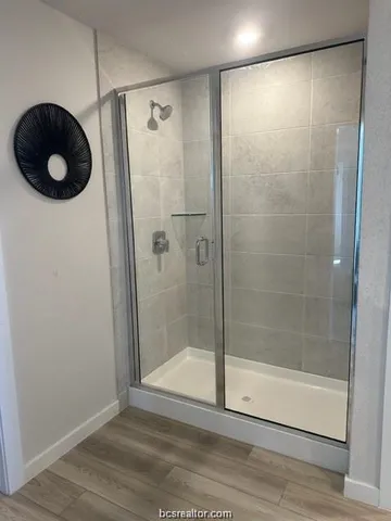 a bathroom with a shower and a mirror