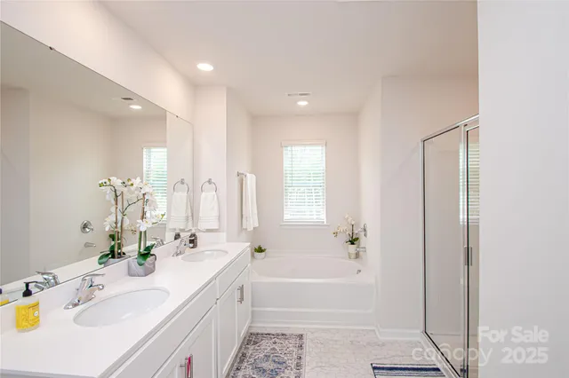 a bathroom with a tub sink and mirror
