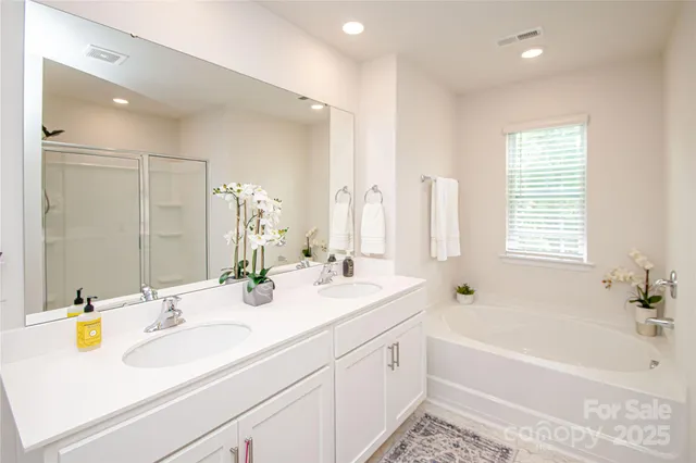 a bathroom with a tub sink and mirror