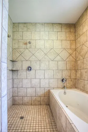 a bathroom with a bathtub and shower
