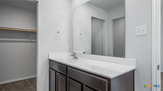 a bathroom with a sink vanity and a mirror