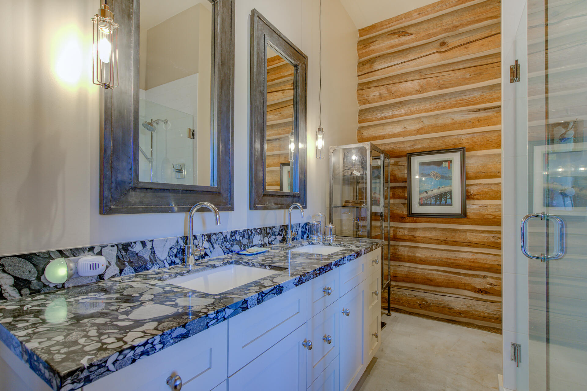 21151 Ridge Road Hat Creek, CA 96040 - Photo 50 of 68 a bathroom with a granite countertop sink and a mirror