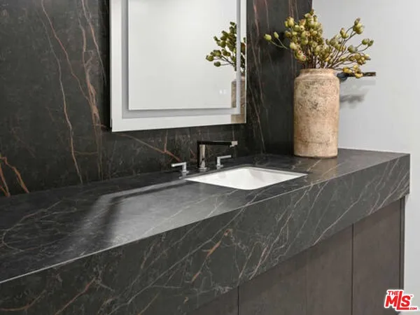 a bathroom with a sink a mirror and a potted plant
