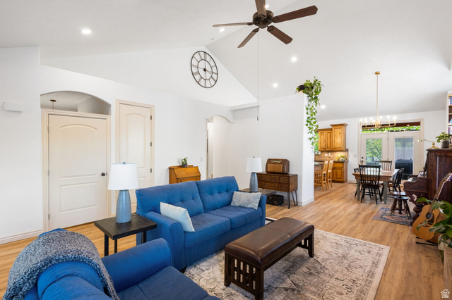 882 Sego Lily Way Mapleton, UT 84664 - Photo 7 of 41 Vaulted ceiling living area featuring recessed lighting and a ceiling fan