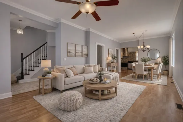 a view of an empty room with wooden floor and a ceiling fan