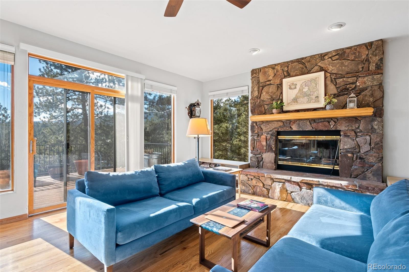 30754 Stratton Court Evergreen, CO 80439 - Photo 18 of 40 a living room with furniture and a fireplace