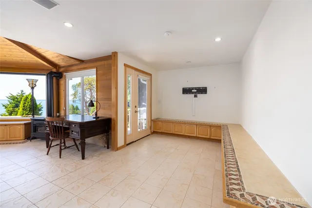 a view of a dining room with furniture window and outside view