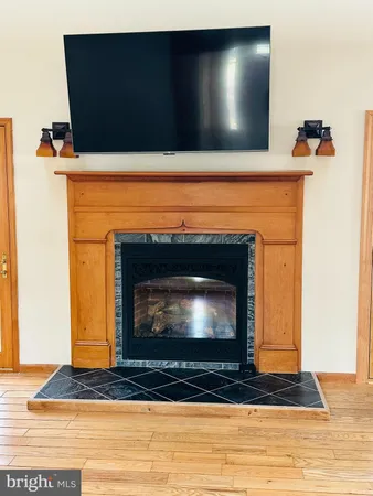 a fireplace with wooden floor