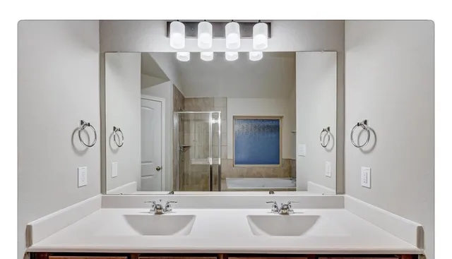 a bathroom with a double vanity sink and a mirror