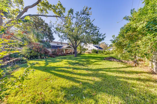 a view of a swimming pool with a yard and large trees