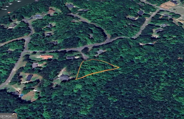 an aerial view of residential house with outdoor space and trees all around