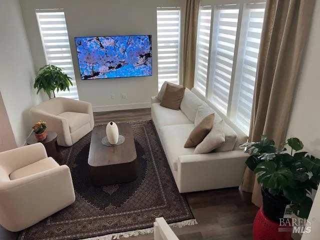 a living room with furniture and a potted plant