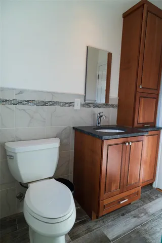 a bathroom with a toilet sink and mirror