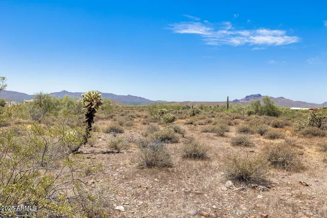 a view of a large building with mountains in the background