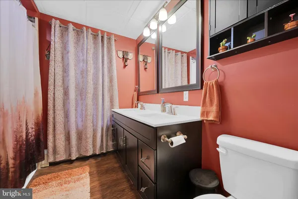 a bathroom with a sink a toilet and shower curtain