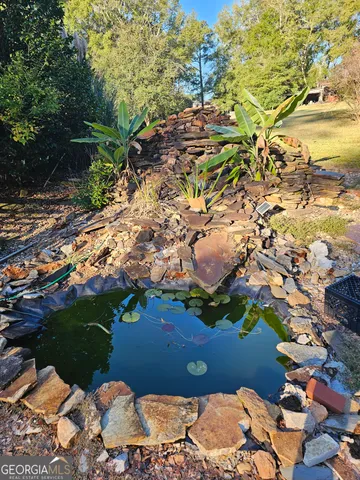 a view of a swimming pool with a yard