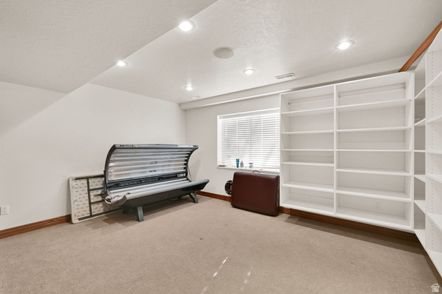 1085 Windsor Drive Provo, UT 84604 - Photo 60 of 83 Sitting room featuring light carpet, recessed lighting, and a textured ceiling