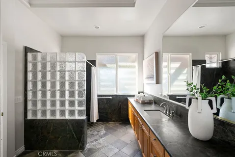 a kitchen with a large window