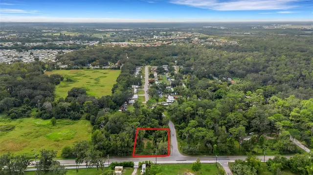 an aerial view of residential houses with outdoor space and trees