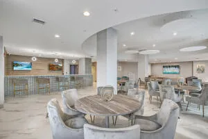 a living room with furniture and a table