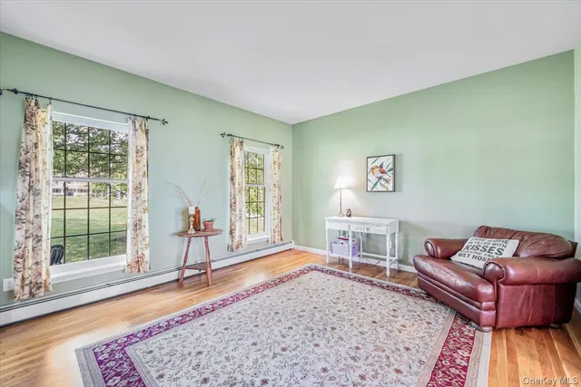 a living room with furniture and a rug