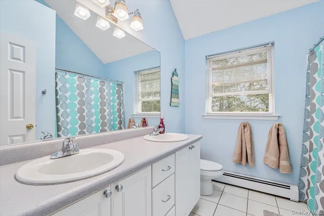 a bathroom with a double vanity sink a mirror and a toilet