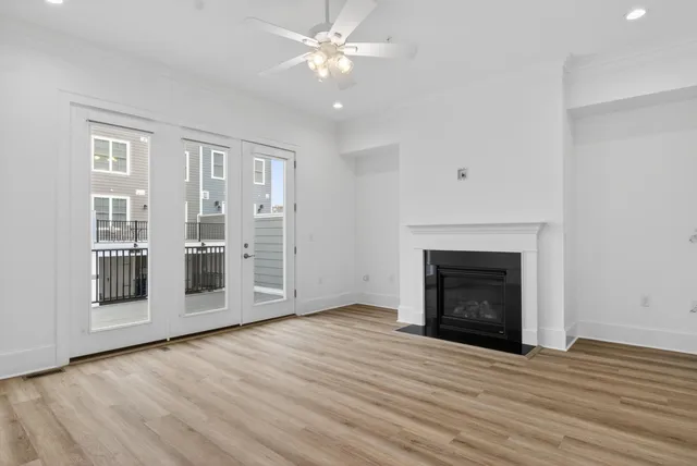 a view of a brick building with many windows