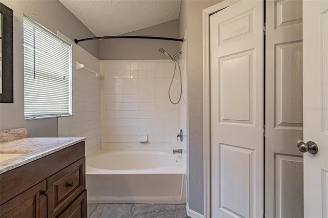 a bathroom with a tub shower vanity and a sink