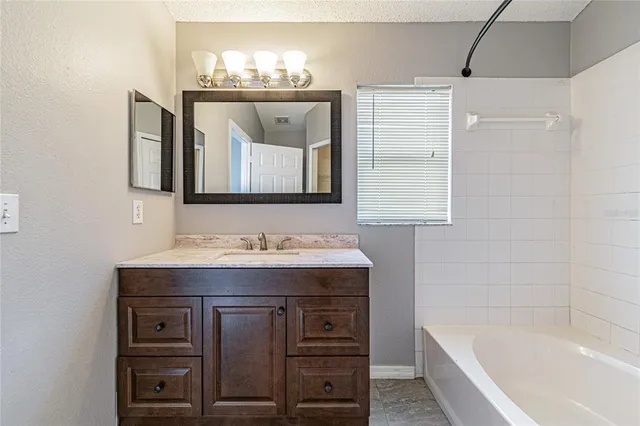a bathroom with a sink a vanity and a bathtub