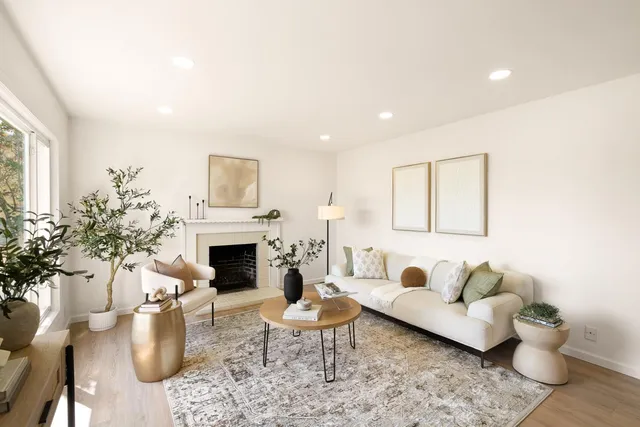 a living room with furniture potted plant and a fireplace