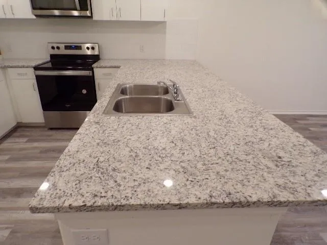 a kitchen with a sink a stove and cabinets