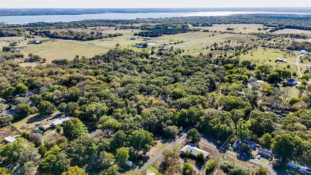 an aerial view of a large body of water and lots of trees