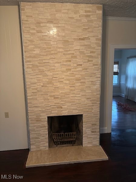 1019 Quilliams Road Cleveland Heights, OH 44121 - Photo 5 of 32 Detailed view of a large fireplace, crown molding, a textured ceiling, and wood finished floors