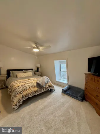 a bedroom with a bed and a television