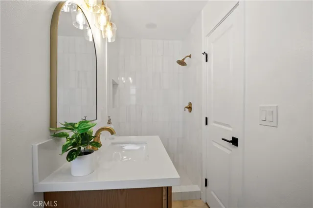 a bathroom with a sink a mirror and a potted plant