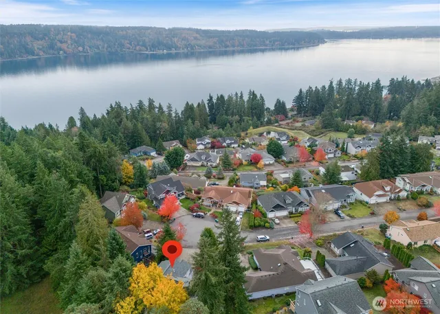 a view of a lake with a city