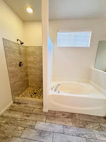 a bathroom with a bathtub and shower