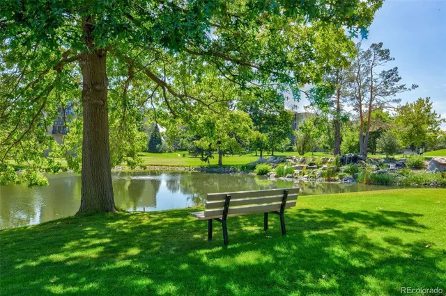 a view of a bench in the garden near a lake