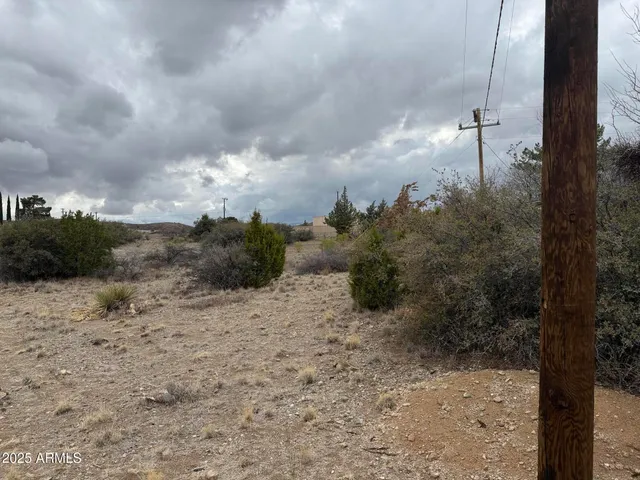a view of a dry yard with wooden fence
