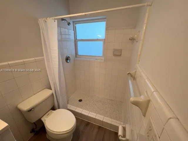 a bathroom with a shower and a toilet