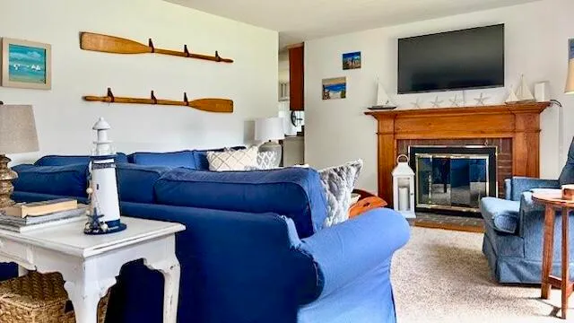 a living room with furniture a flat screen tv and a fireplace