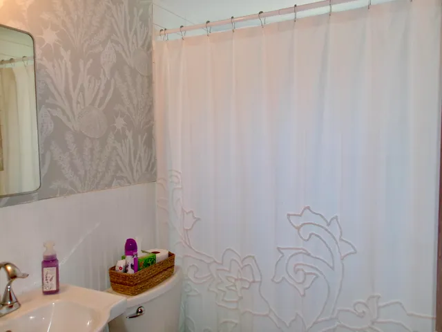 a bathroom with a sink and a shower curtain