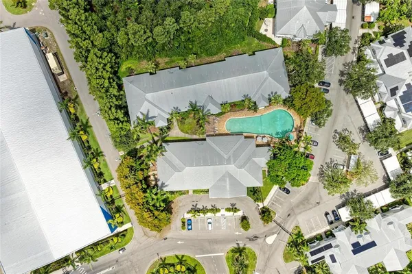 an aerial view of a pool