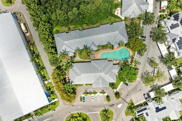 an aerial view of a pool